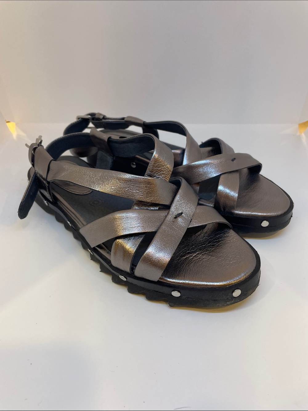 bussola Metallic Pewter Cross-Strap Sandals
